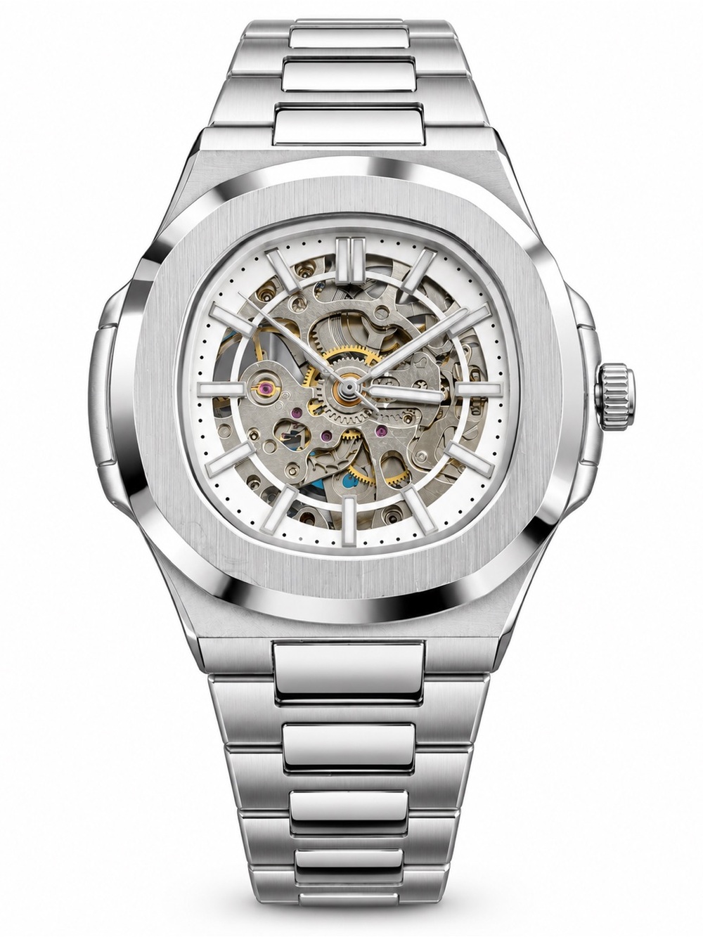 Men’s Silver Skeleton Watch Open Work Dial Stainless Steel Style Nautilus style